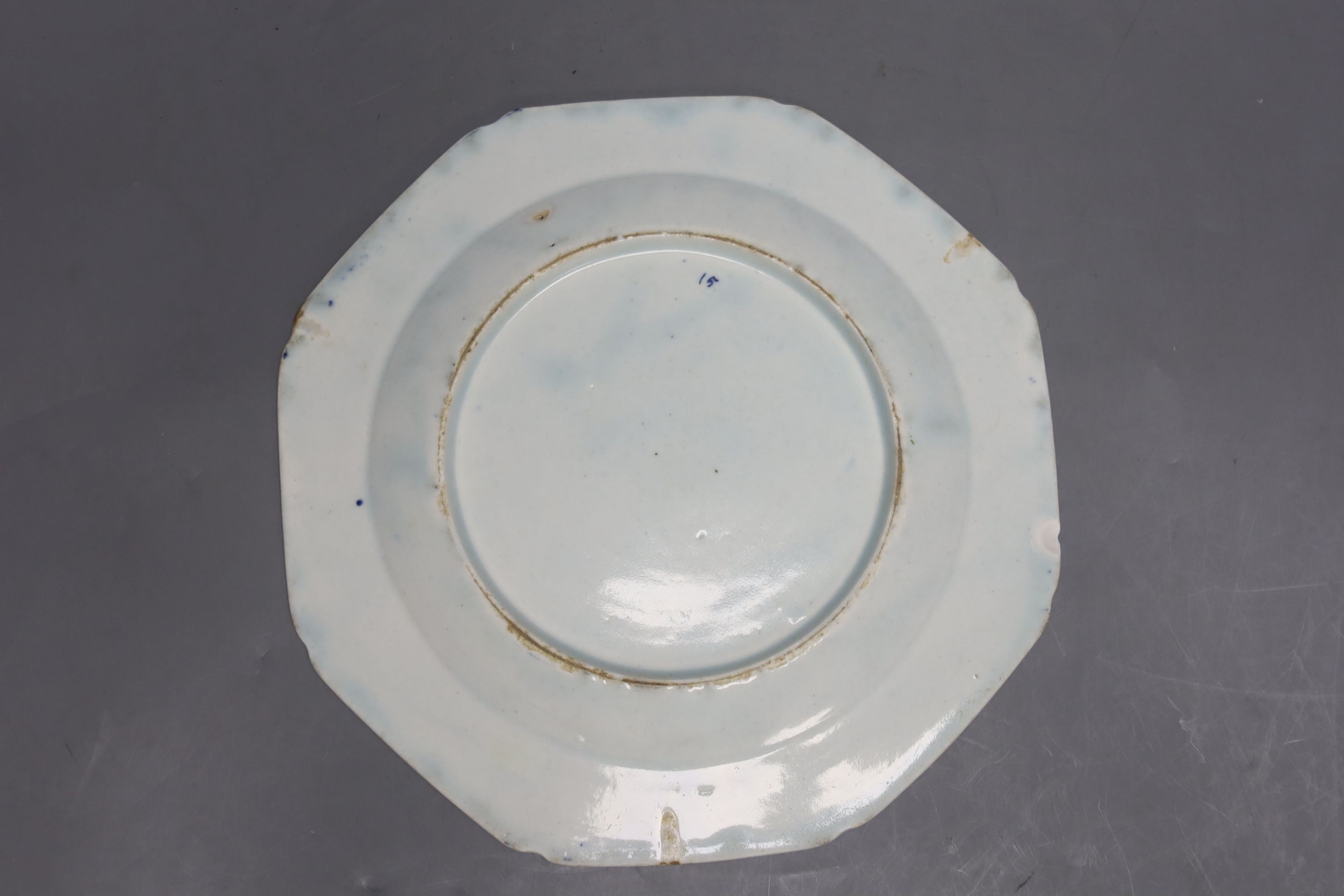 A Bow octagonal plate, with chrysanthemum and a bamboo border, c.1760, 22cm across